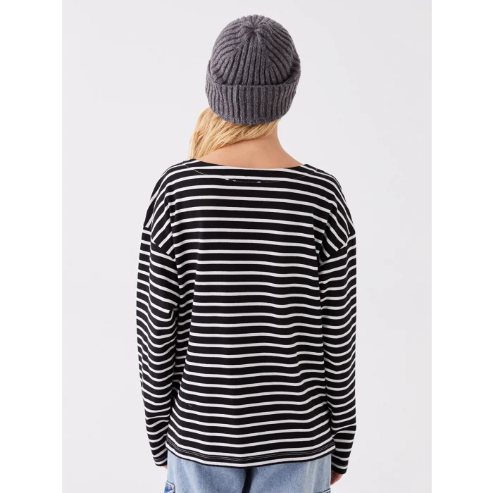 LCW Vision Siyah Bisiklet Yaka Çizgili Uzun Kollu Kadın Tişört