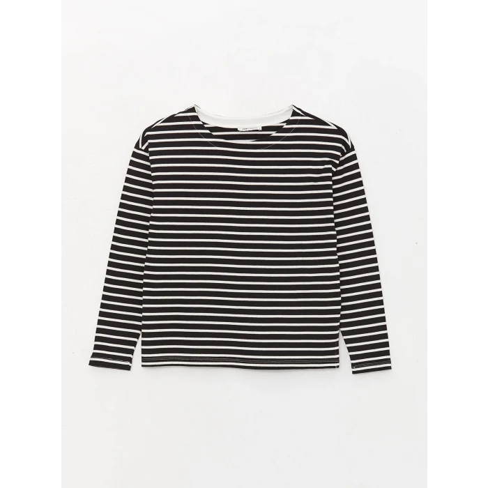 LCW Vision Siyah Bisiklet Yaka Çizgili Uzun Kollu Kadın Tişört