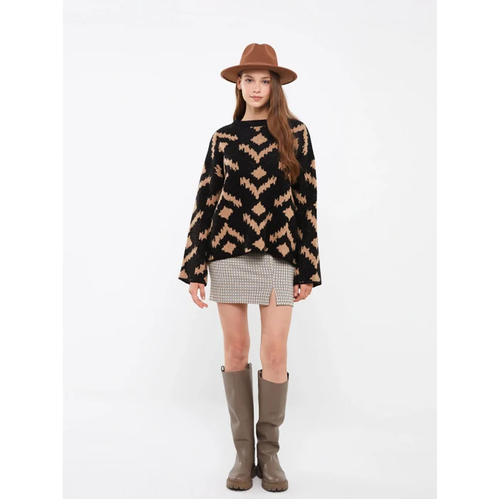 LCW Vision Siyah Bisiklet Yaka Desenli Oversize Kadın Triko Kazak