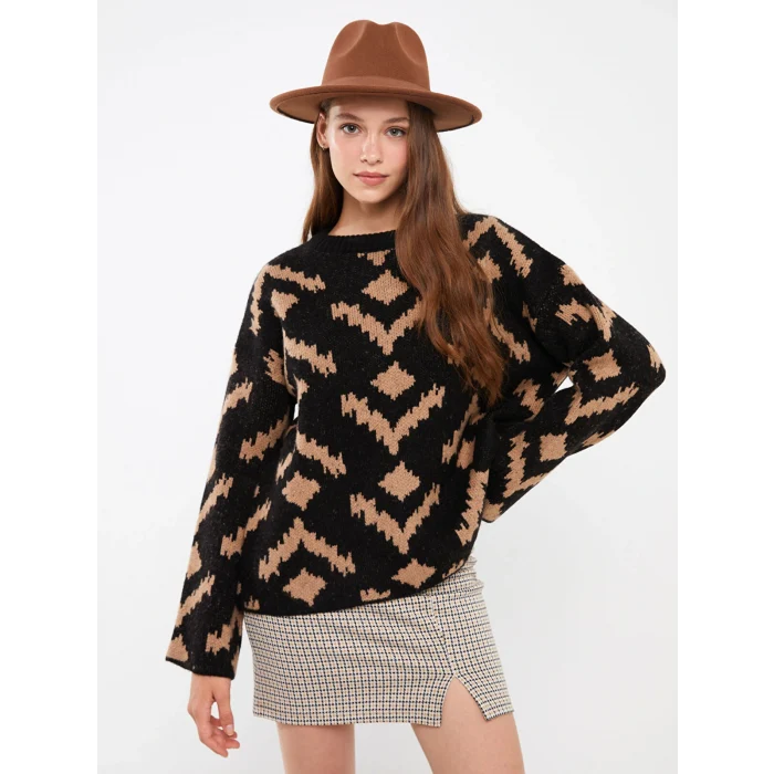 LCW Vision Siyah Bisiklet Yaka Desenli Oversize Kadın Triko Kazak