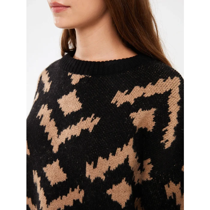 LCW Vision Siyah Bisiklet Yaka Desenli Oversize Kadın Triko Kazak