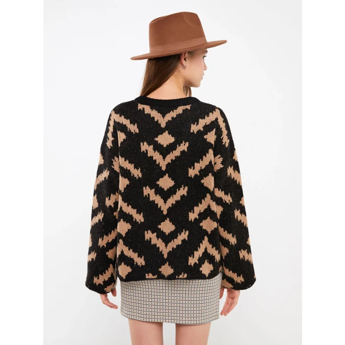 LCW Vision Siyah Bisiklet Yaka Desenli Oversize Kadın Triko Kazak