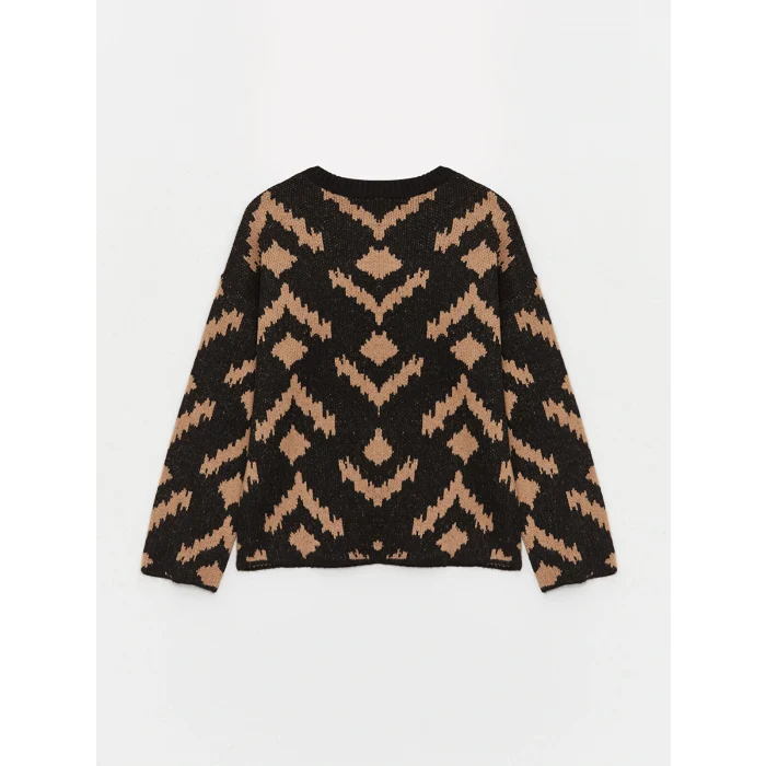 LCW Vision Siyah Bisiklet Yaka Desenli Oversize Kadın Triko Kazak