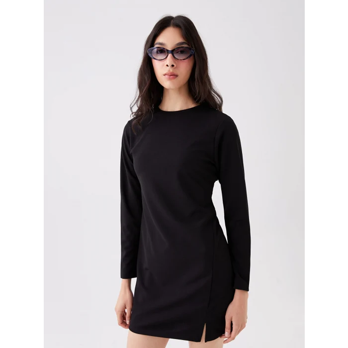 LCW Vision Siyah Bisiklet Yaka Düz Uzun Kollu Elbise