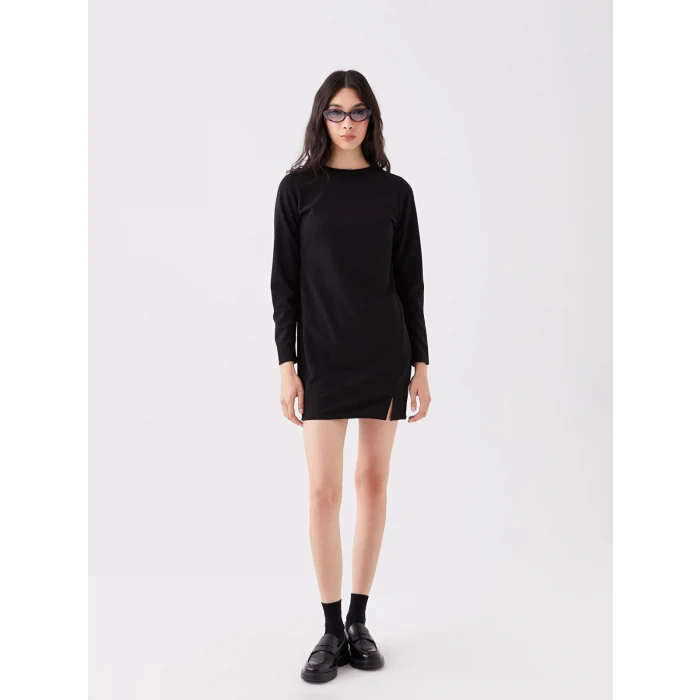 LCW Vision Siyah Bisiklet Yaka Düz Uzun Kollu Elbise