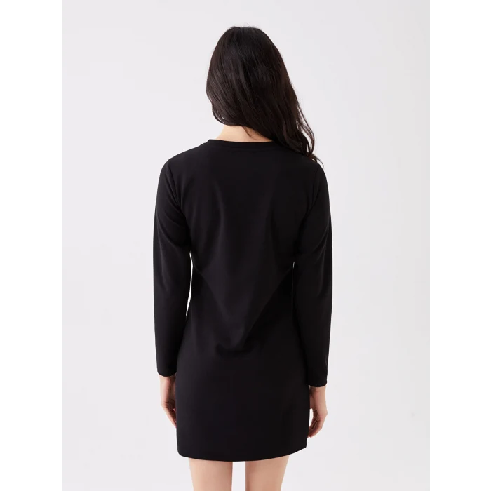 LCW Vision Siyah Bisiklet Yaka Düz Uzun Kollu Elbise