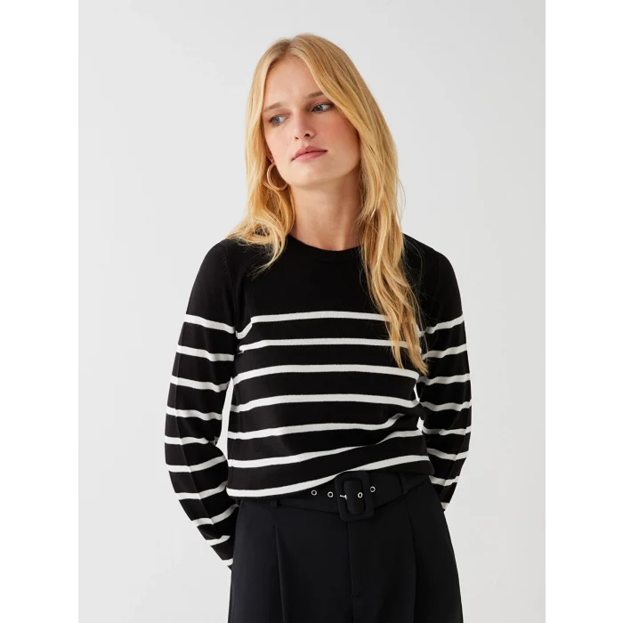 LCWAIKIKI Basic Siyah Bisiklet Yaka Çizgili Uzun Kollu Kadın Triko Kazak