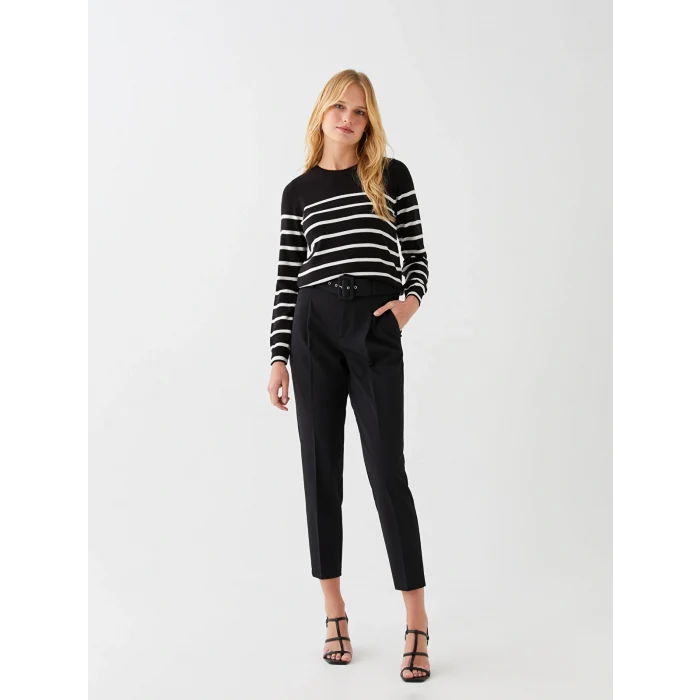 LCWAIKIKI Basic Siyah Bisiklet Yaka Çizgili Uzun Kollu Kadın Triko Kazak