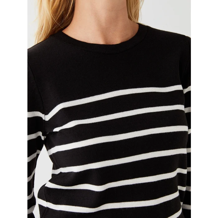 LCWAIKIKI Basic Siyah Bisiklet Yaka Çizgili Uzun Kollu Kadın Triko Kazak