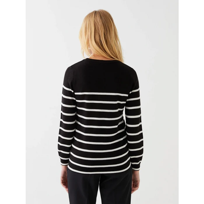 LCWAIKIKI Basic Siyah Bisiklet Yaka Çizgili Uzun Kollu Kadın Triko Kazak