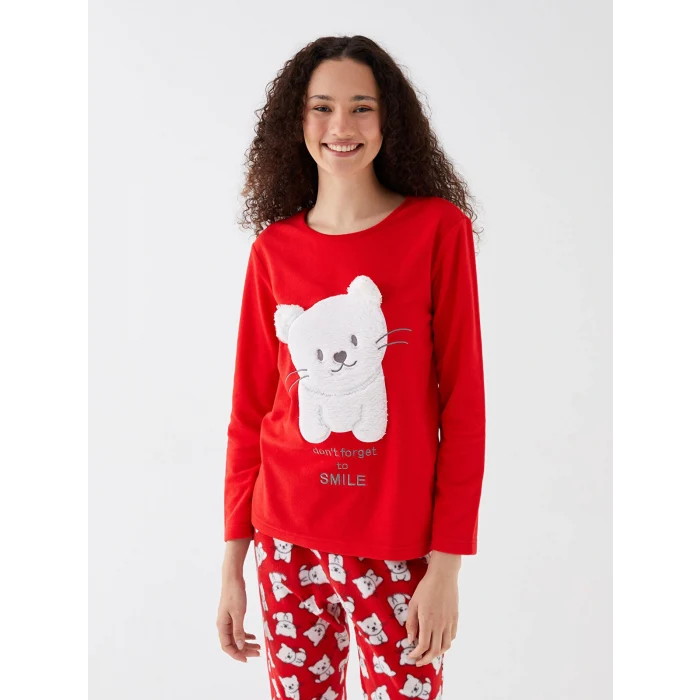 LCW Young Kırmızı Bisiklet Yaka Nakışlı Polar Kadın Pijama Takımı