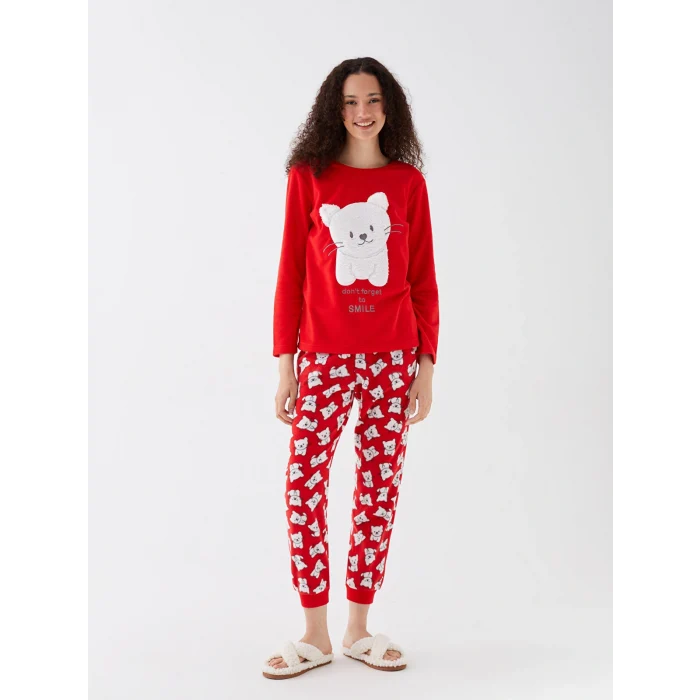LCW Young Kırmızı Bisiklet Yaka Nakışlı Polar Kadın Pijama Takımı