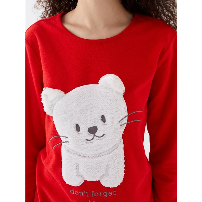LCW Young Kırmızı Bisiklet Yaka Nakışlı Polar Kadın Pijama Takımı