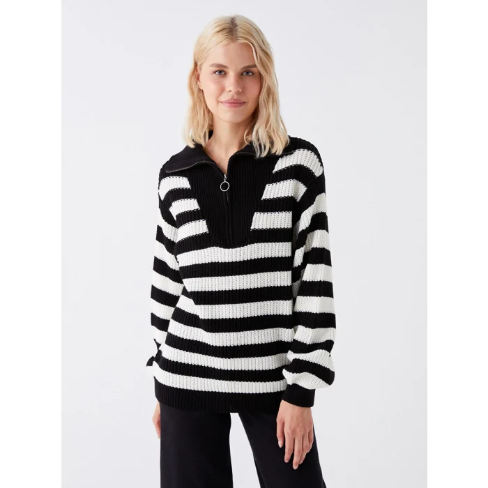 LCW Vision Siyah Dik Yaka Çizgili Kadın Triko Kazak
