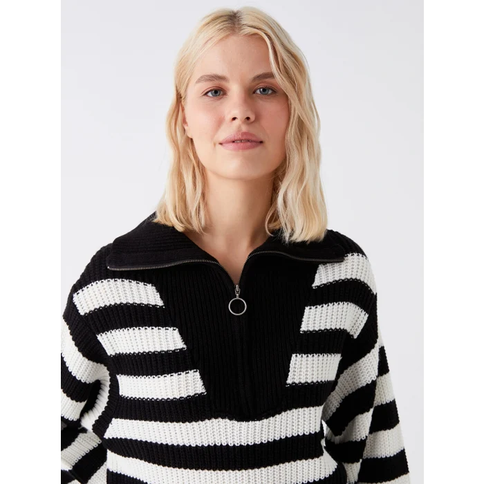 LCW Vision Siyah Dik Yaka Çizgili Kadın Triko Kazak