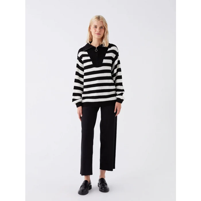 LCW Vision Siyah Dik Yaka Çizgili Kadın Triko Kazak