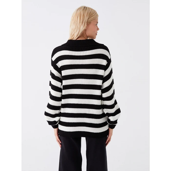 LCW Vision Siyah Dik Yaka Çizgili Kadın Triko Kazak