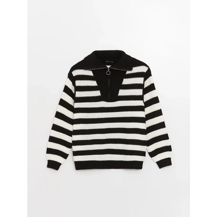 LCW Vision Siyah Dik Yaka Çizgili Kadın Triko Kazak