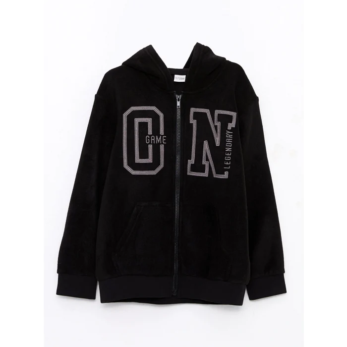LCW Kids Siyah Kapüşonlu Nakışlı Uzun Kollu Polar Erkek Çocuk Fermuarlı Sweatshirt