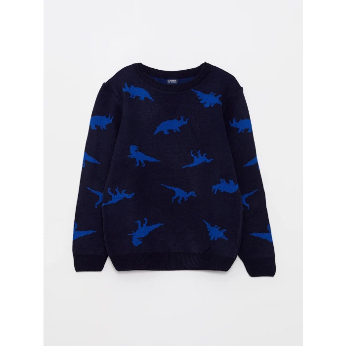 LCW Kids Lacivert Bisiklet Yaka Desenli Uzun Kollu Erkek Çocuk Triko Kazak