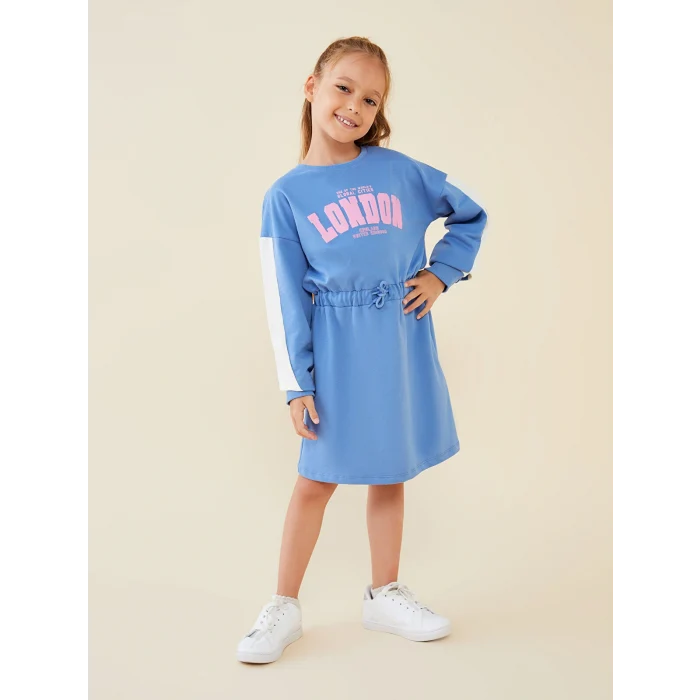 LCW Kids Mavi Bisiklet Yaka Baskılı Uzun Kollu Kız Çocuk Elbise