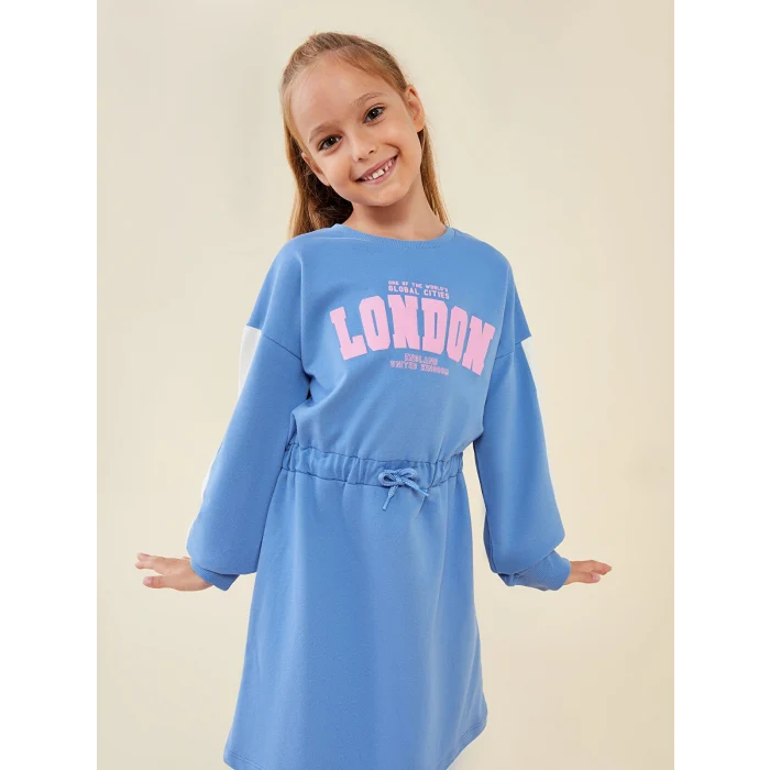 LCW Kids Mavi Bisiklet Yaka Baskılı Uzun Kollu Kız Çocuk Elbise