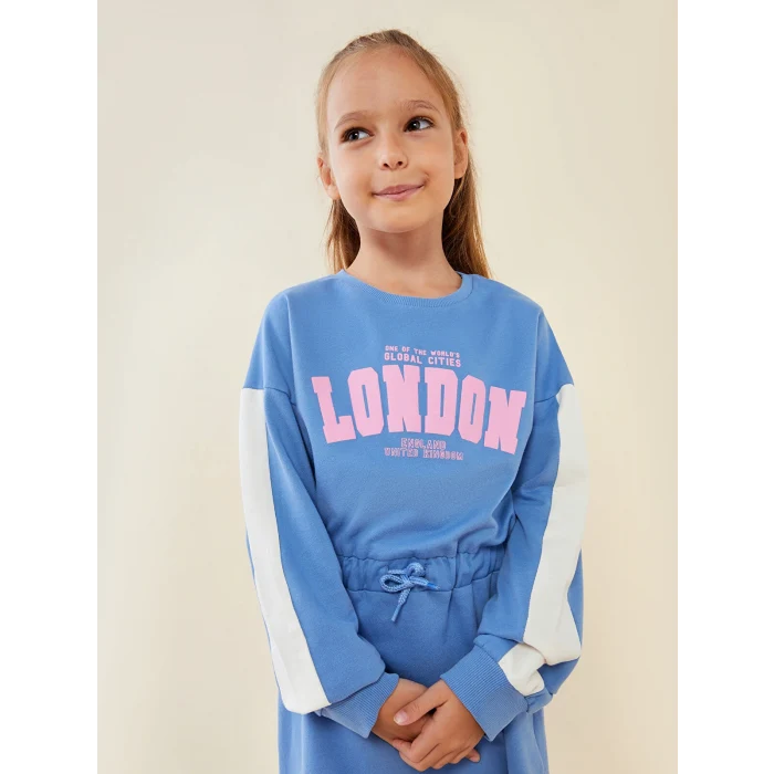 LCW Kids Mavi Bisiklet Yaka Baskılı Uzun Kollu Kız Çocuk Elbise