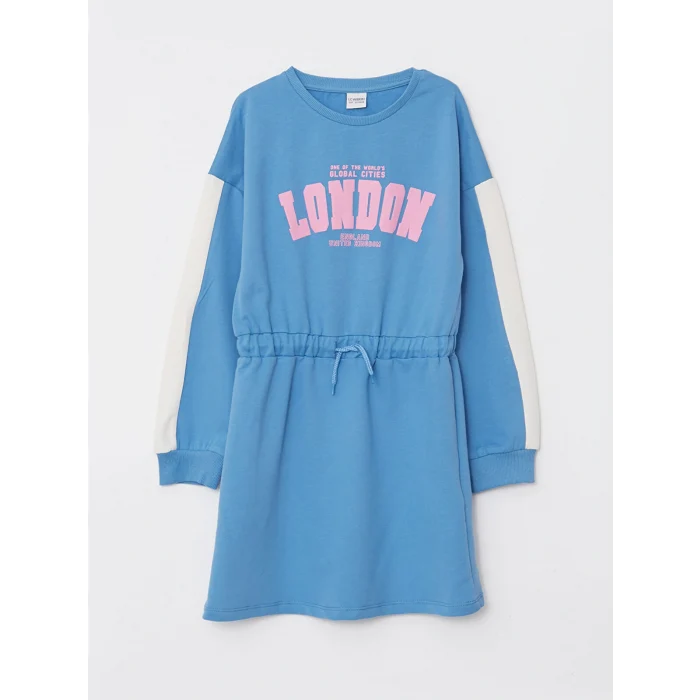 LCW Kids Mavi Bisiklet Yaka Baskılı Uzun Kollu Kız Çocuk Elbise