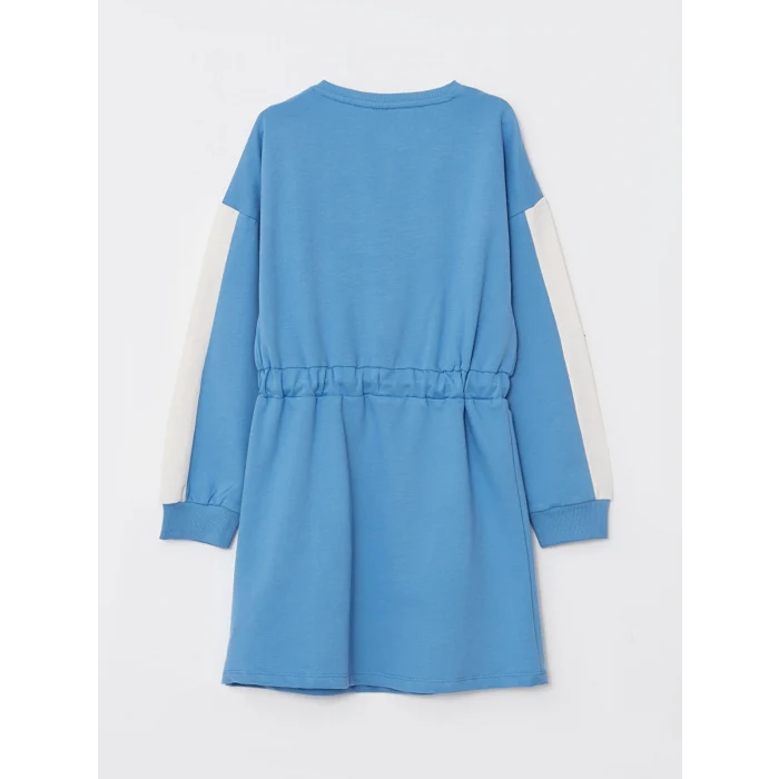 LCW Kids Mavi Bisiklet Yaka Baskılı Uzun Kollu Kız Çocuk Elbise