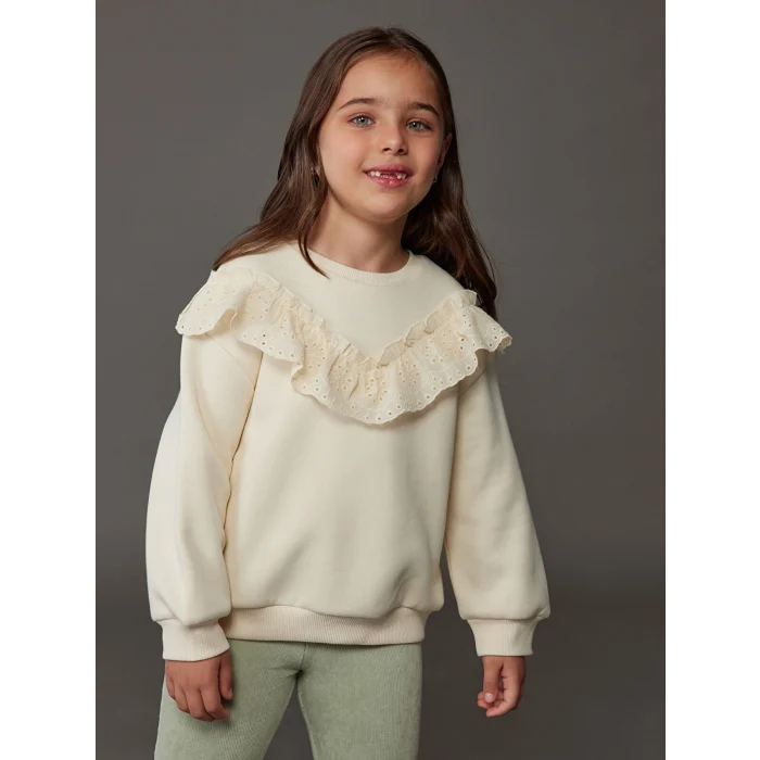 LCW Kids Ekru Bisiklet Yaka Uzun Kollu Nakışlı Kız Çocuk Sweatshirt
