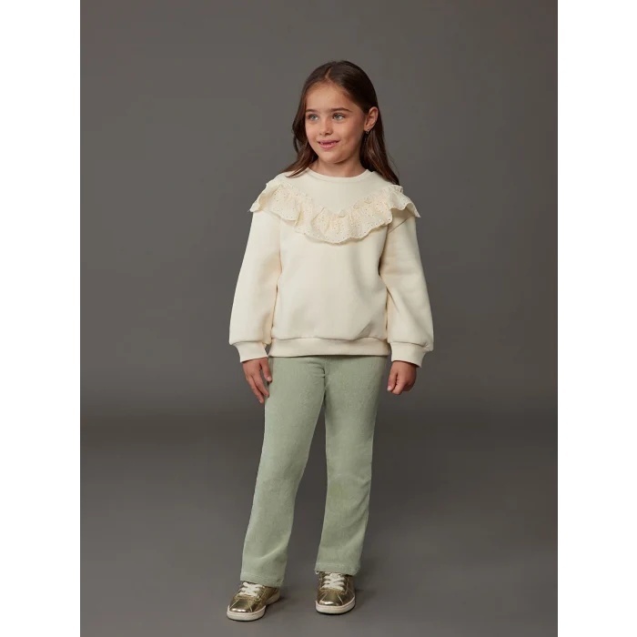 LCW Kids Ekru Bisiklet Yaka Uzun Kollu Nakışlı Kız Çocuk Sweatshirt