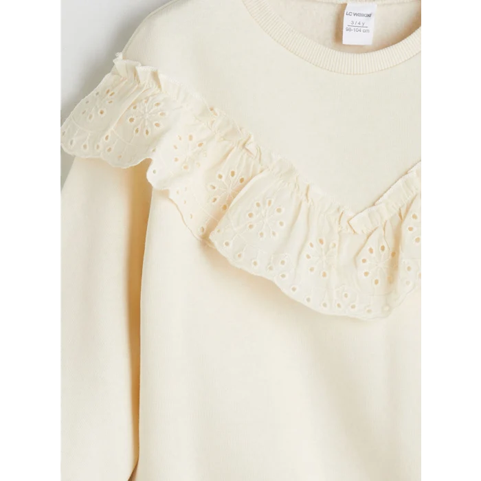 LCW Kids Ekru Bisiklet Yaka Uzun Kollu Nakışlı Kız Çocuk Sweatshirt