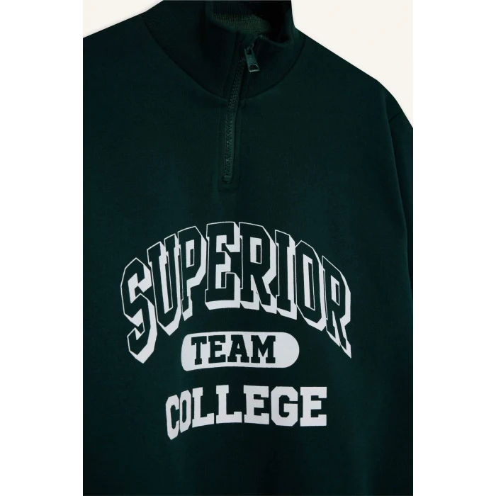 Defacto F2710A8GN1070 Yeşil Erkek Çocuk Dik Yaka Fermuarlı Baskılı Okul Sweatshirt