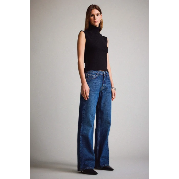 Defacto F3093AXNM34 Mavi Straight Wide Yüksek Bel Düz Paça Uzun Jean Pantolon