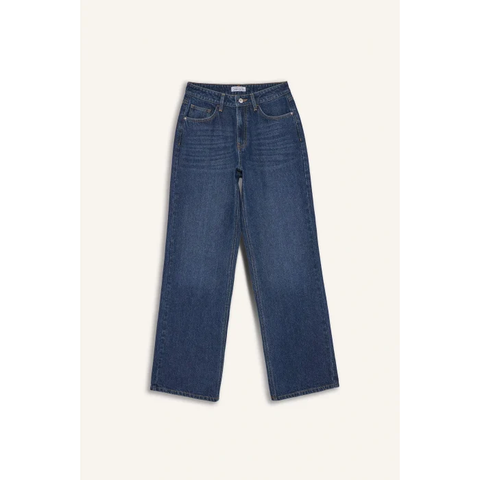 Defacto F3093AXNM34 Mavi Straight Wide Yüksek Bel Düz Paça Uzun Jean Pantolon