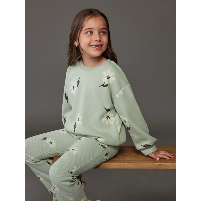 LCW Kids Yeşil Çiçekli Kız Çocuk Sweatshirt ve Tayt Pantolon 2li