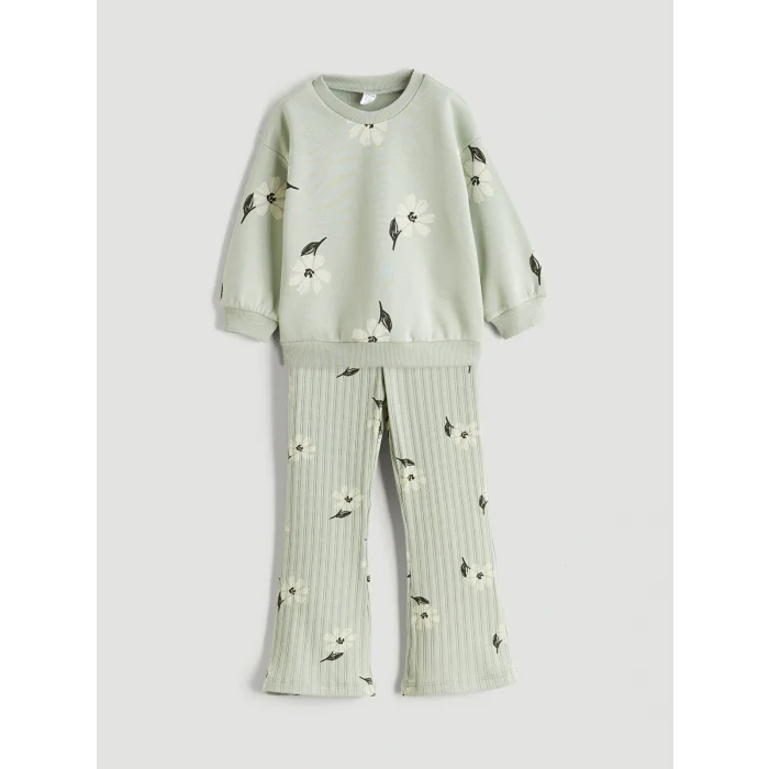 LCW Kids Yeşil Çiçekli Kız Çocuk Sweatshirt ve Tayt Pantolon 2li