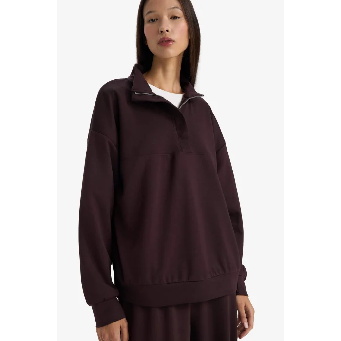 Defacto F0816AXBN340 Kahve Relax Fit Yarım Balıkçı Yaka Fermuarlı Modal Sweatshirt