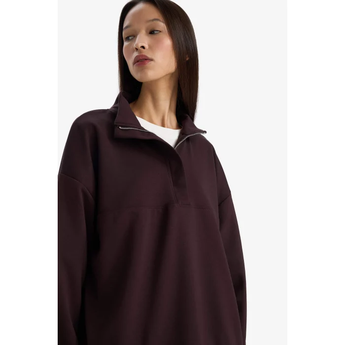 Defacto F0816AXBN340 Kahve Relax Fit Yarım Balıkçı Yaka Fermuarlı Modal Sweatshirt