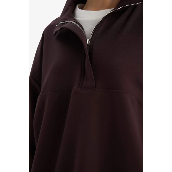 Defacto F0816AXBN340 Kahve Relax Fit Yarım Balıkçı Yaka Fermuarlı Modal Sweatshirt