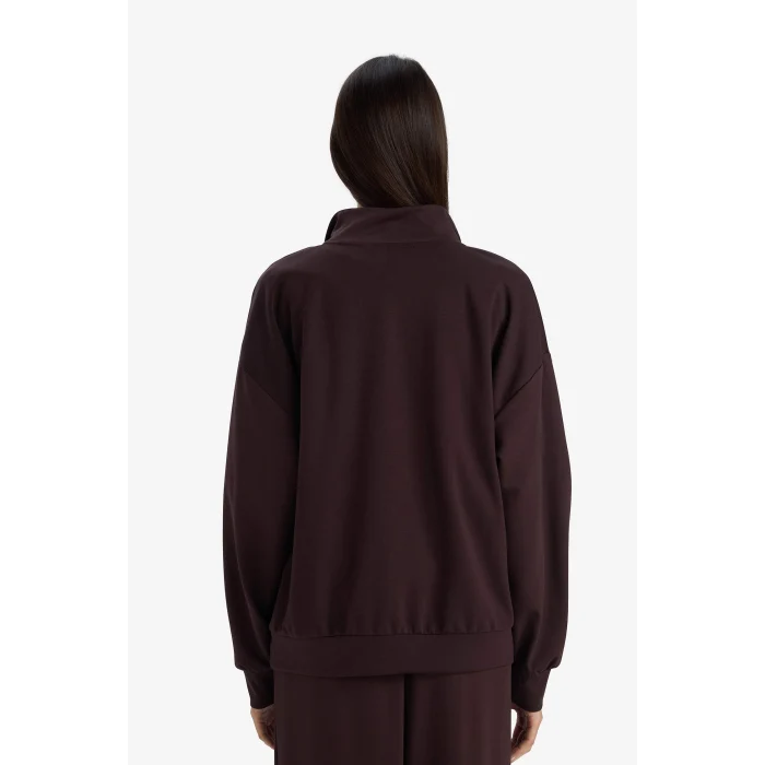 Defacto F0816AXBN340 Kahve Relax Fit Yarım Balıkçı Yaka Fermuarlı Modal Sweatshirt