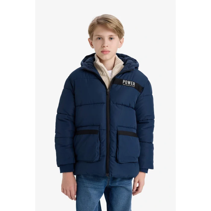 Defacto E9374A8NV146 Lacivert Erkek Çocuk Su İtici Kapüşonlu Polar Astarlı Parka