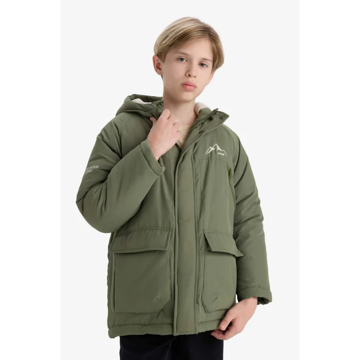 Defacto E9285A8KH450 Haki Erkek Çocuk Su İtici Kapüşonlu Polar Astarlı Mont