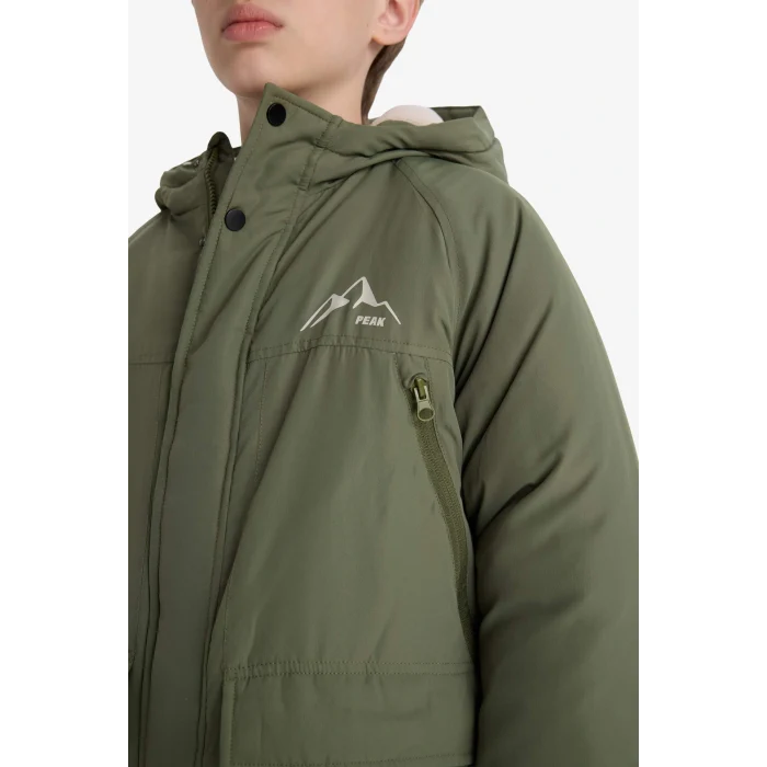 Defacto E9285A8KH450 Haki Erkek Çocuk Su İtici Kapüşonlu Polar Astarlı Mont