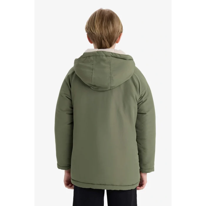 Defacto E9285A8KH450 Haki Erkek Çocuk Su İtici Kapüşonlu Polar Astarlı Mont