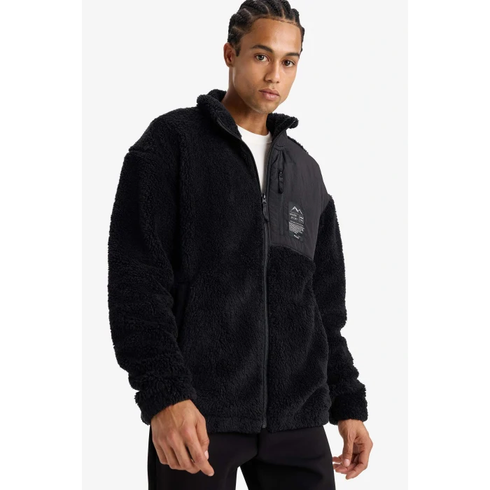 Defacto F3812AXBK81 Siyah DeFactoFit Boxy Fit Dik Yaka İçi Yumuşak Tüylü Pelüş Hırka