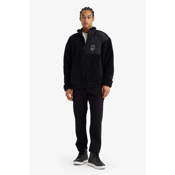 Defacto F3812AXBK81 Siyah DeFactoFit Boxy Fit Dik Yaka İçi Yumuşak Tüylü Pelüş Hırka