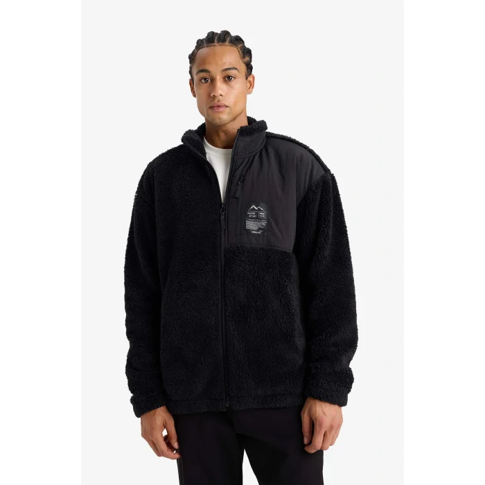 Defacto F3812AXBK81 Siyah DeFactoFit Boxy Fit Dik Yaka İçi Yumuşak Tüylü Pelüş Hırka