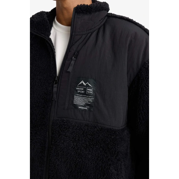 Defacto F3812AXBK81 Siyah DeFactoFit Boxy Fit Dik Yaka İçi Yumuşak Tüylü Pelüş Hırka