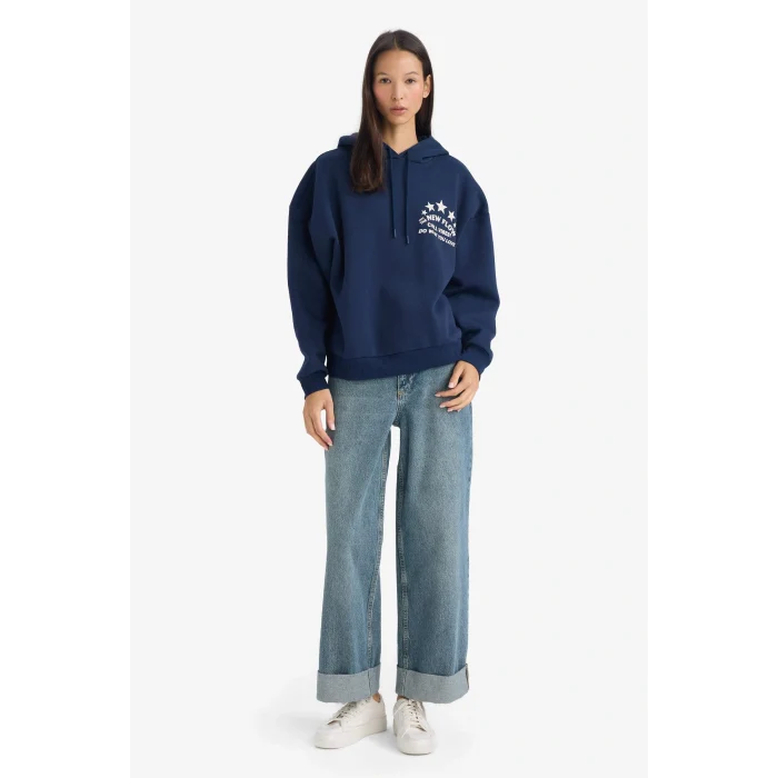 Defacto G3875AXNV248 Lacivert Oversize Geniş Kalıp Kapüşonlu Sırt Baskılı Sweatshirt